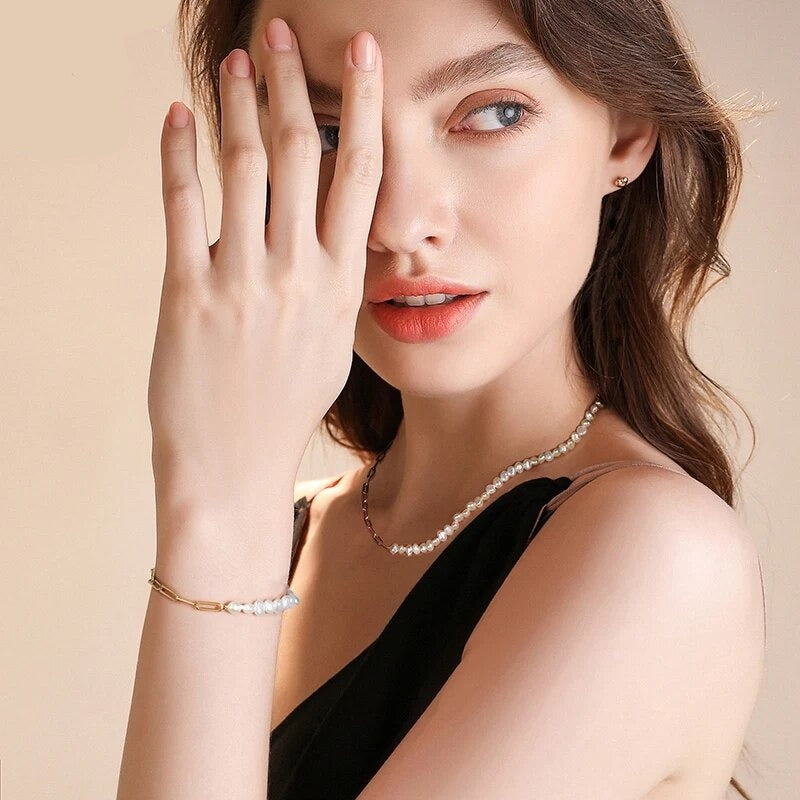 Rhoni Gold Paper Clip Pearl Bracelet