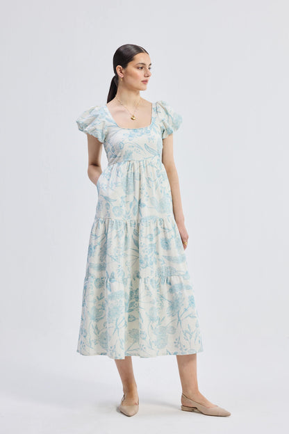 Puff Sleeve Tiered Maxi Dress in Blue Florals